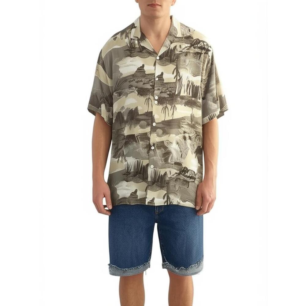 No Boundaries Casual Button-Up Shirt 4XL Beige Green Desert Print Short Sleeve